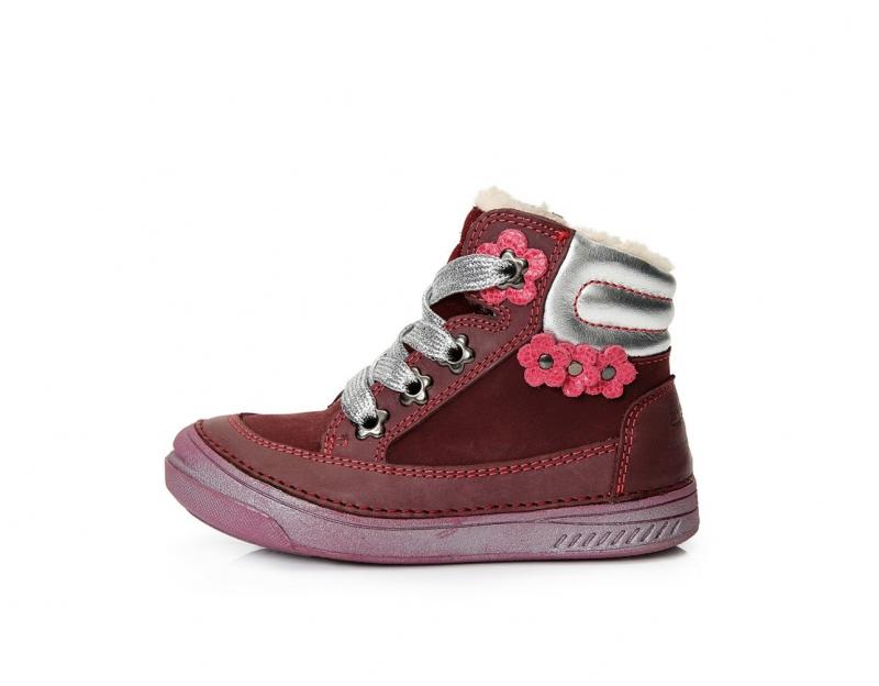 D.D.step bordovo-strieborné šnurovacie detské topánky s kožusinou vysoké 25-30  na boku na zips